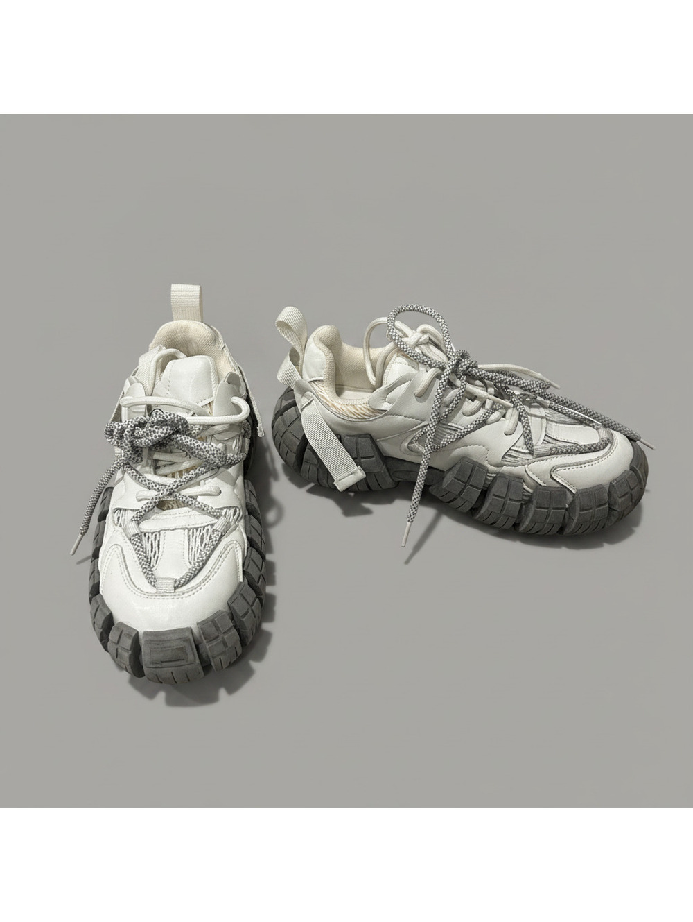 Chunky Tire Sole Bouncer Platform Sneakers Lug Sole White Gray Leather Korean 37